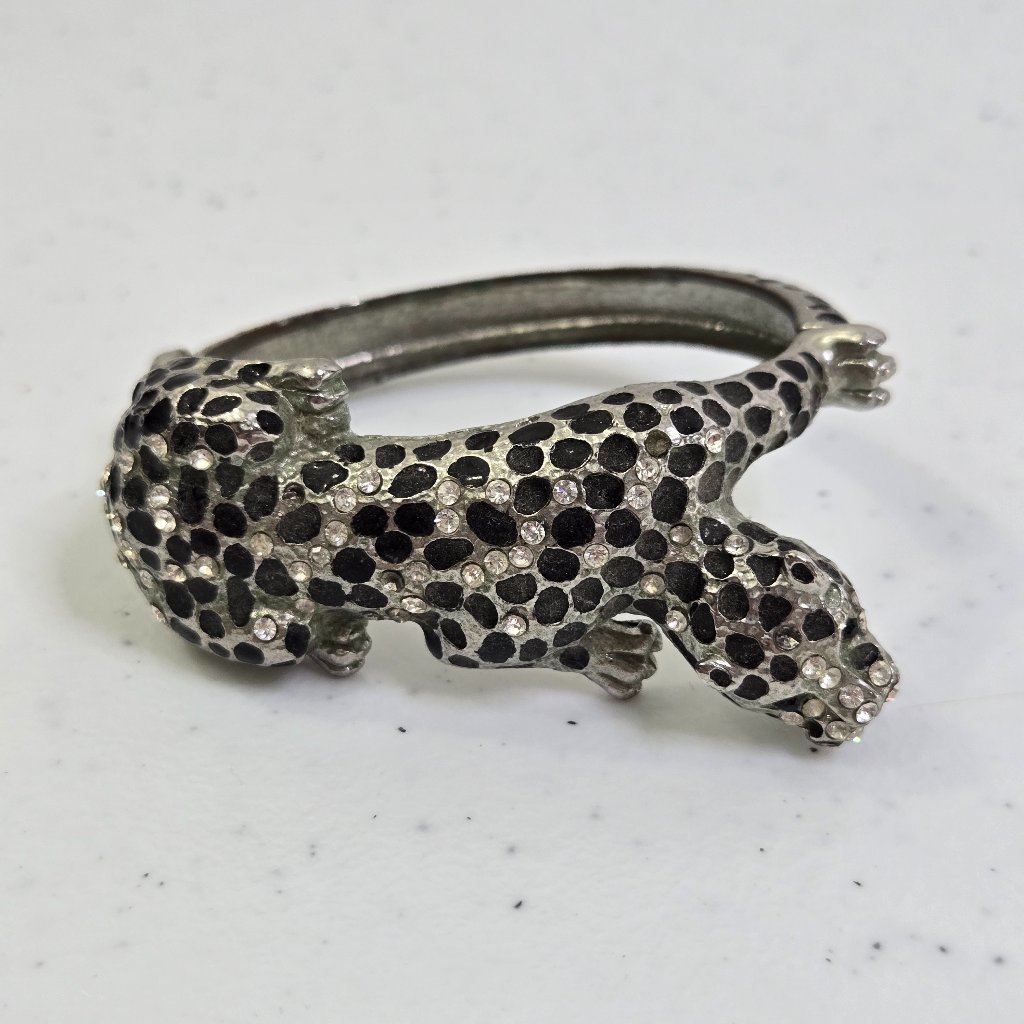 Natasha Silver Tone Rhinestone Jaguar Hinge Bangle Cuff Bracelet Panther Cat 25$